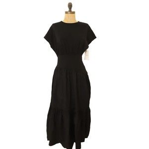 Nordstrom Midi Mixed Media Tiered Dress Size S Dolman Short Sleeve Black